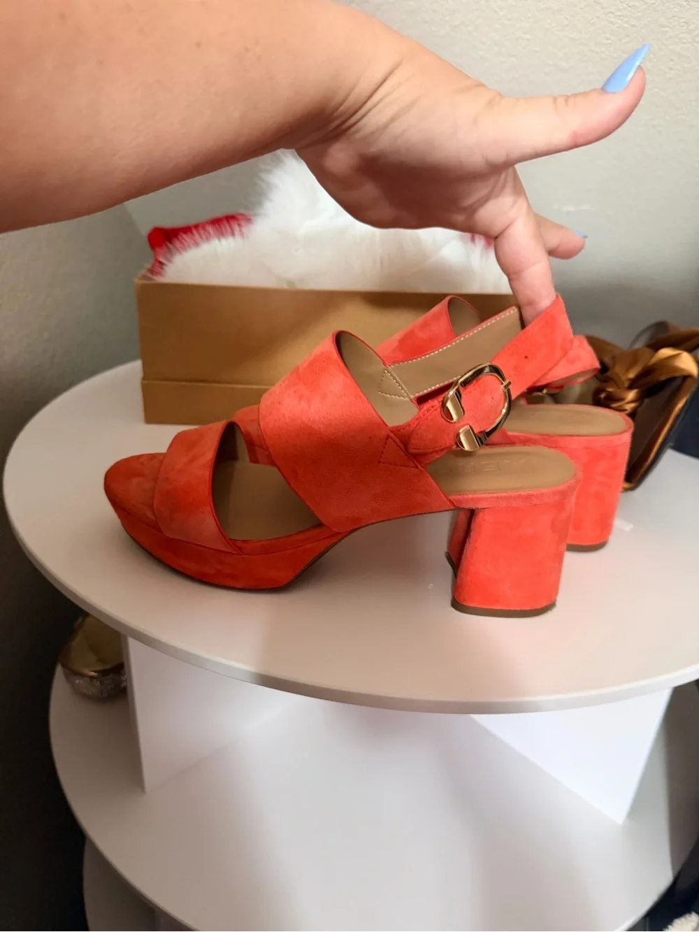 AEROSOLES Coral Suede Chunky Heel Sandals with Gold Buckle - Picture 2 of 6